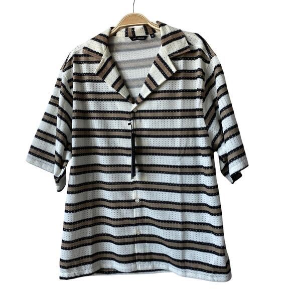 Las Veritas Other - Las Veritas Retro Striped Crochet Knit Shirt Men XL Tan Short Sleeve Beach NWT
